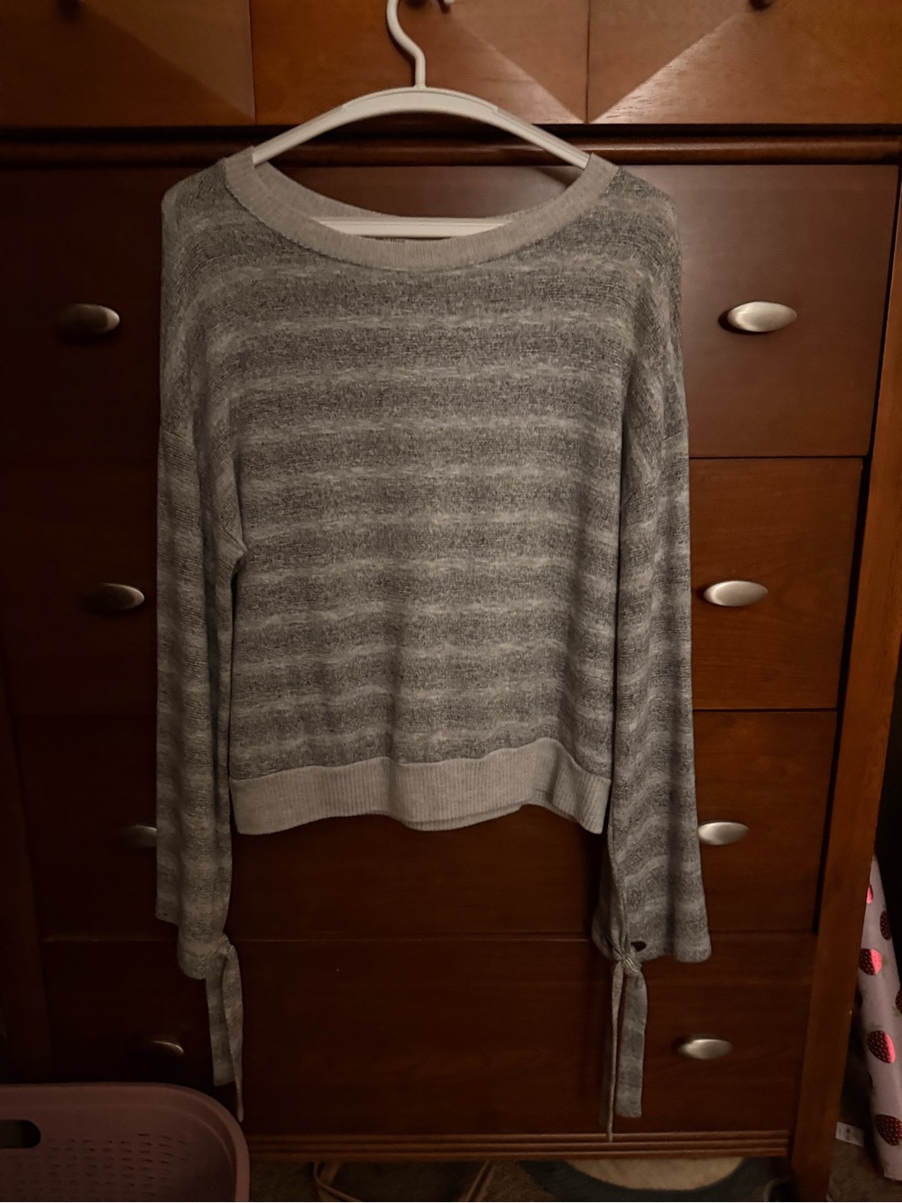 Project Social T Gray Striped Crewneck Sweater with Tie Cuffs